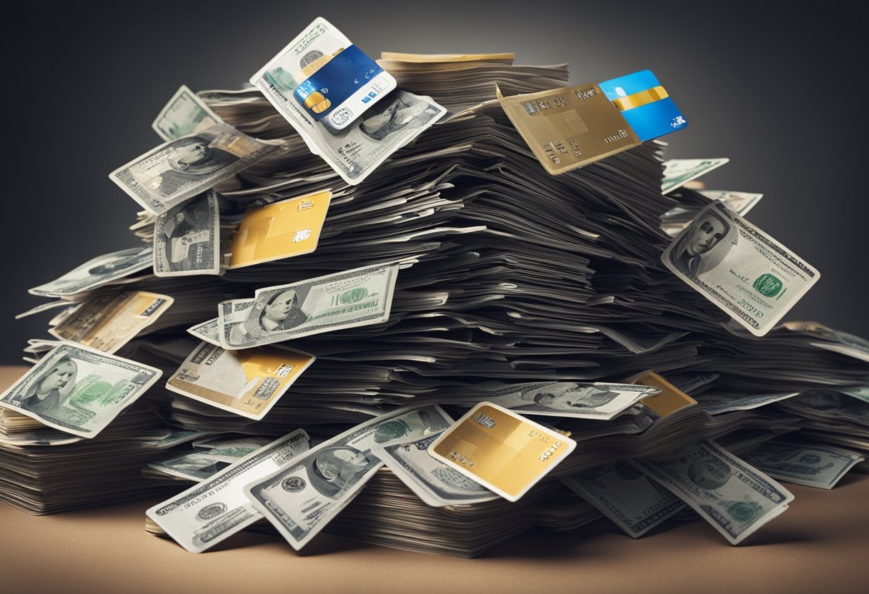 Una pila de billetes y tarjetas de crédito siendo aplastadas juntas en un solo bloque sólido