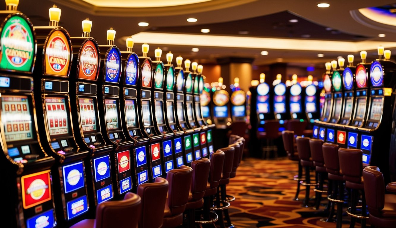 Sekumpulan mesin slot berwarna-warni dengan lampu berkedip dan gulungan berputar di sebuah kasino yang ramai