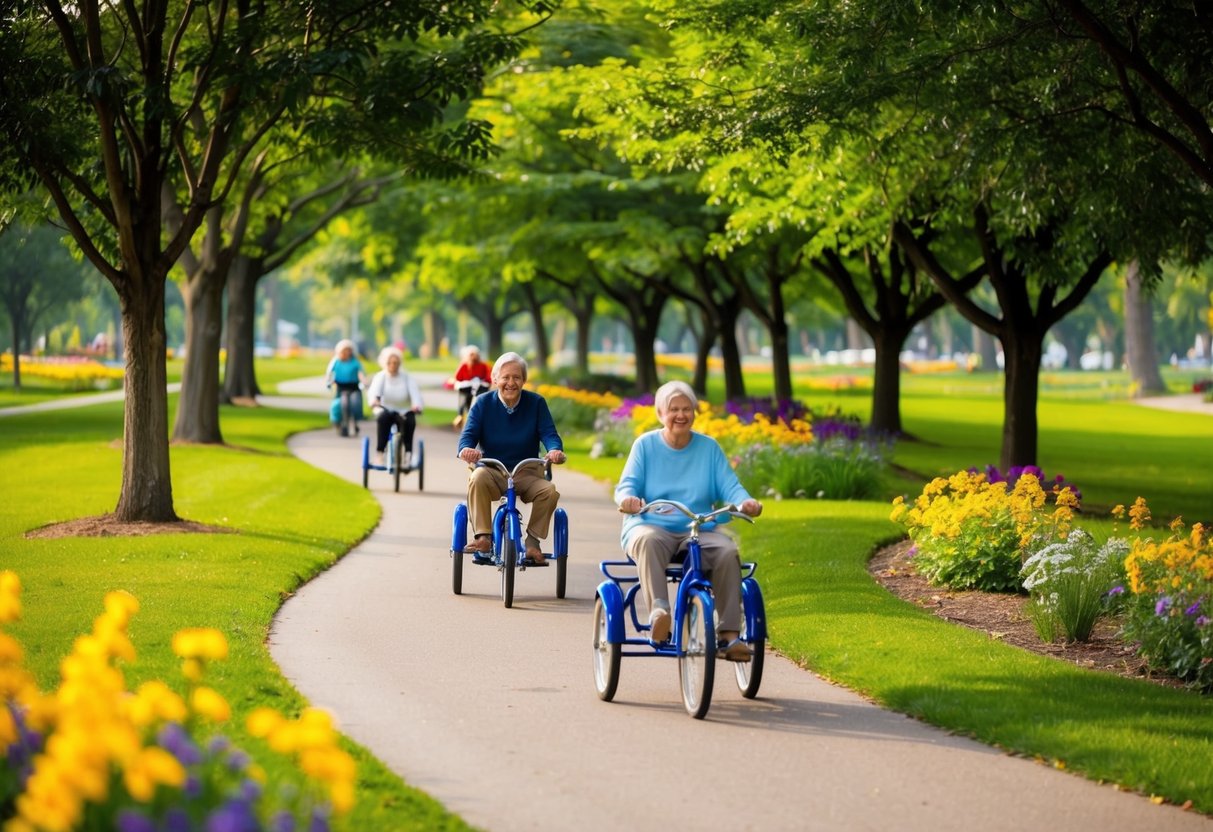 A serene park with a winding path, lined with colorful flowers and shaded by tall trees. Three-wheel bikes are peacefully gliding along the path, with senior riders enjoying the gentle breeze