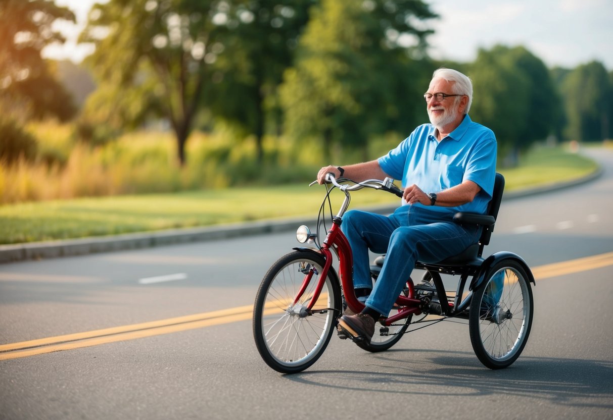 A senior rider comfortably cruising on a stable, three-wheel tricycle along a smooth, scenic bike path