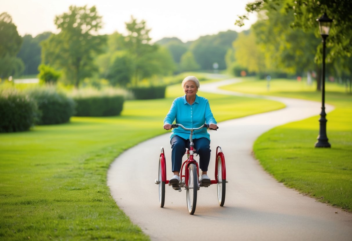 A serene park with a winding path, surrounded by lush greenery. A senior rider comfortably glides along on a sturdy, stable tricycle, enjoying the freedom and independence it provides