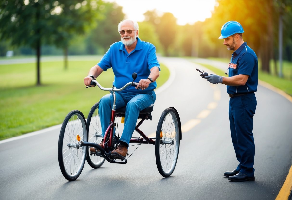 A senior rider confidently navigates a smooth path on a tricycle, while a mechanic inspects the sturdy frame and secure wheels for safety