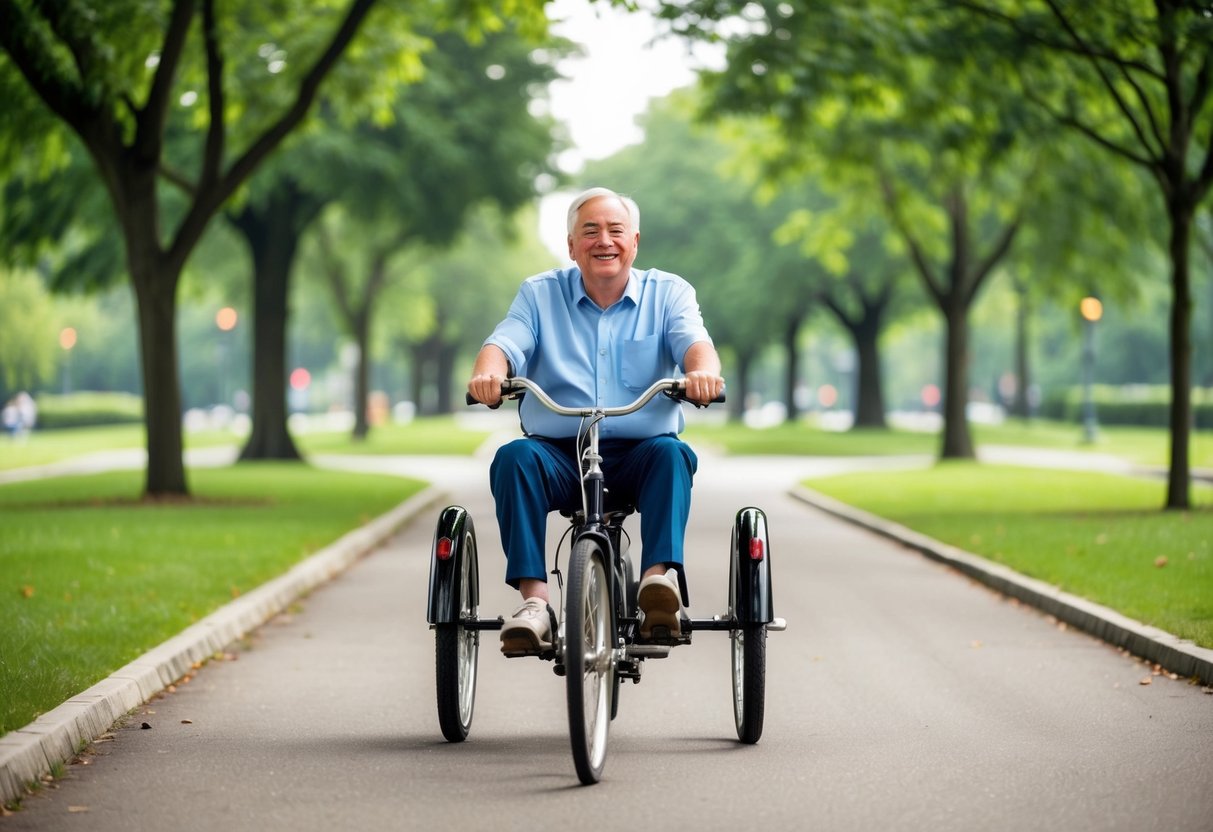 A serene park setting with a senior riding a three-wheel bike, surrounded by trees and a paved pathway. The rider looks relaxed and comfortable, enjoying the smooth ride
