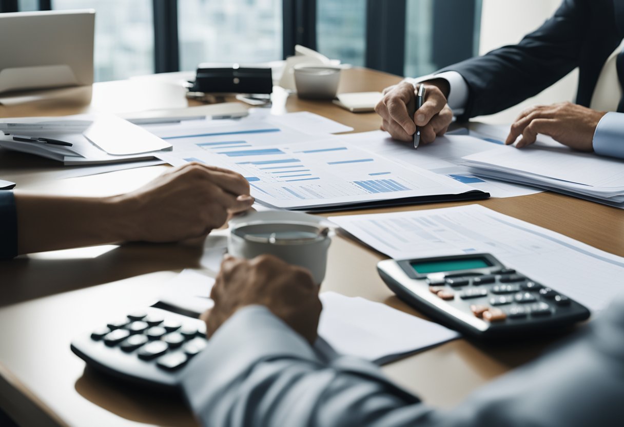 Una persona sentada en un escritorio frente a un representante del banco, discutiendo la negociación de deudas. Papeles y una calculadora están esparcidos sobre la mesa.