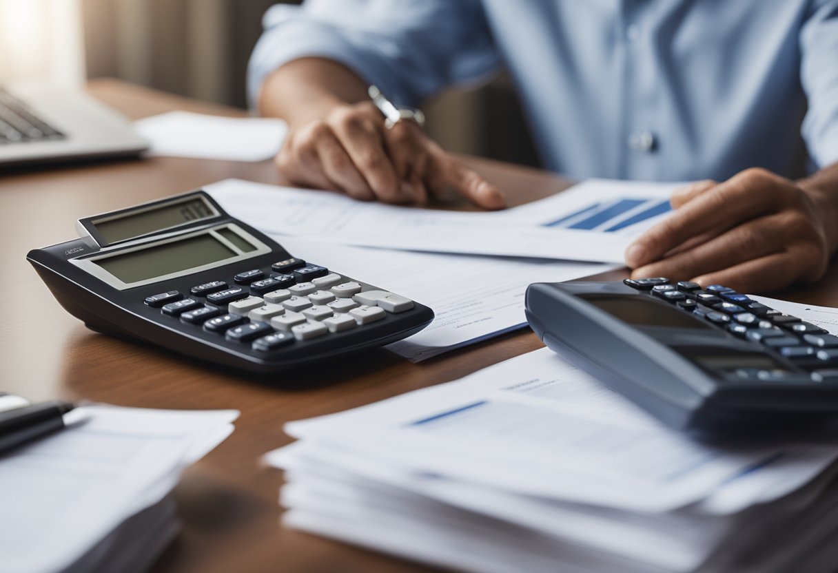 Una persona sentada en un escritorio con una pila de papeles y una calculadora, rodeada de extractos bancarios y documentos financieros.