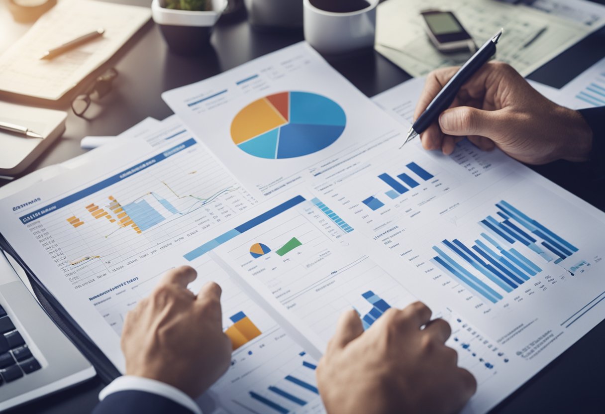 Una persona revisando un informe de crédito con una mezcla de indicadores financieros positivos y negativos, rodeada de gráficos y tablas.