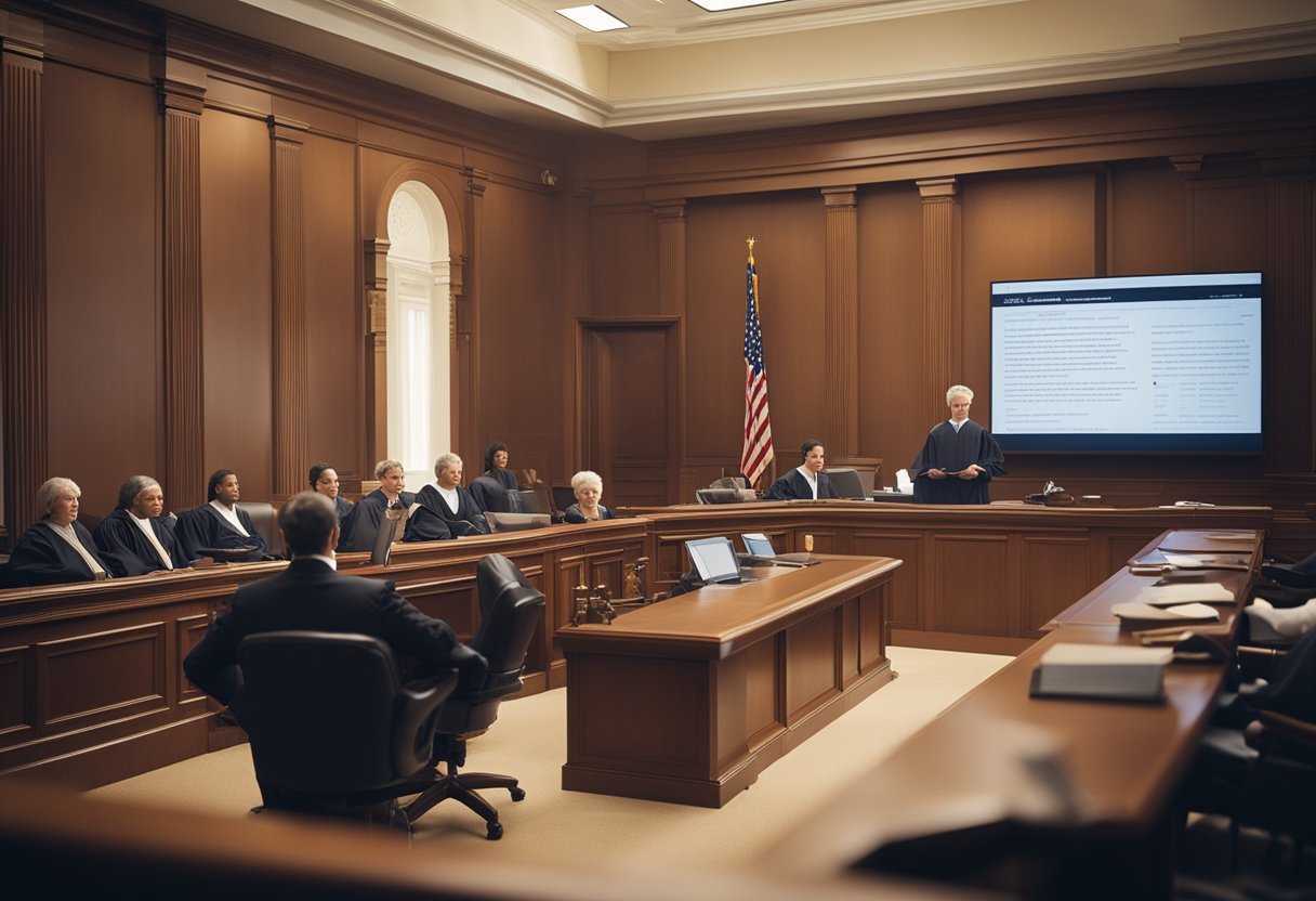 Una escena en la sala del tribunal con un juez presidiendo un caso de quiebra, mientras los abogados presentan argumentos y se muestran documentos financieros en una pantalla grande.