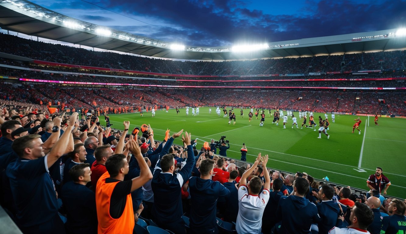 Sebuah stadion olahraga yang ramai dengan penggemar yang bersorak dan pemain yang sedang beraksi