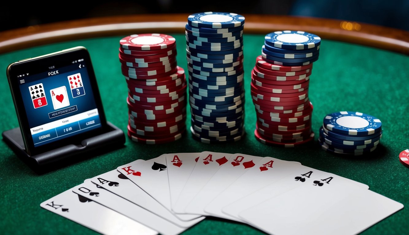 Sekelompok chip poker dan kartu yang disusun di atas meja felt hijau, dengan perangkat digital yang menampilkan antarmuka permainan poker online