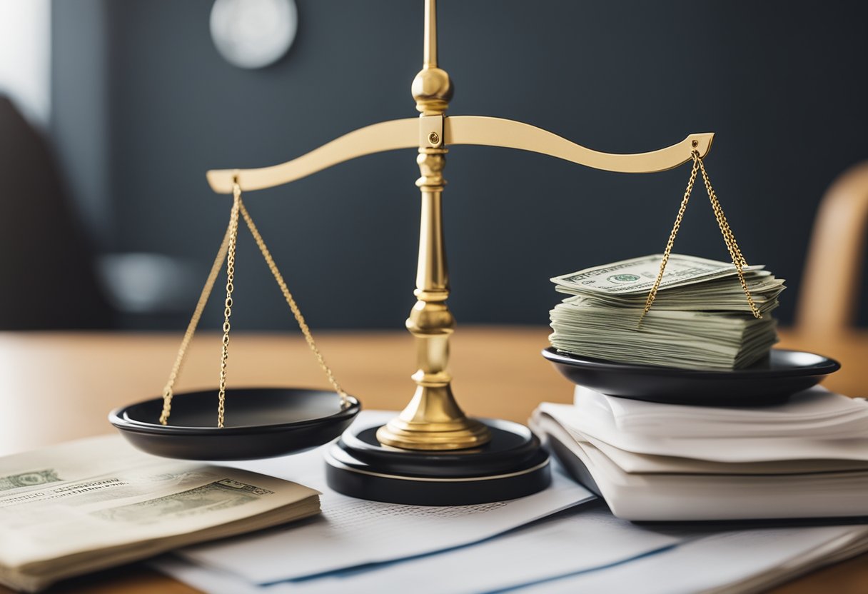 Una balanza equilibrando una pila de facturas de un lado y una sola factura del otro, simbolizando la diferencia entre la consolidación de deudas y la liquidación de deudas.