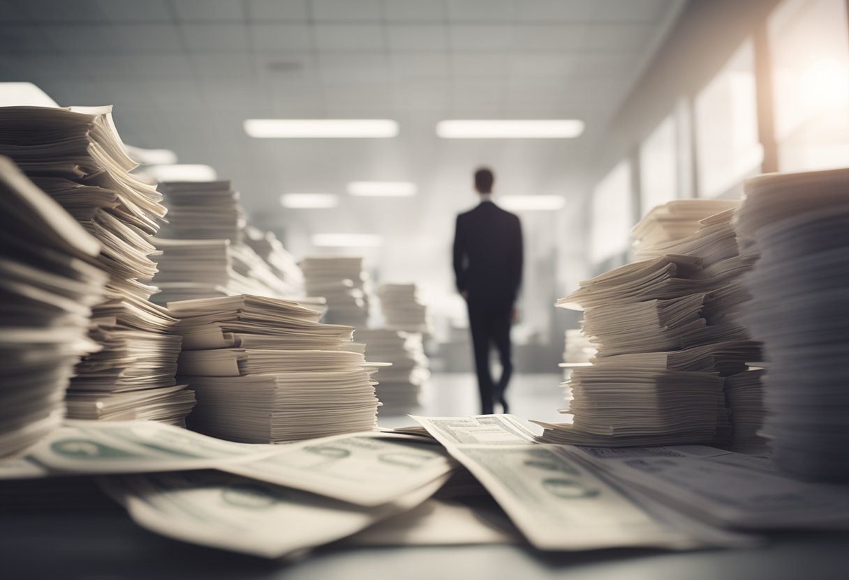 Una persona organizando y equilibrando un presupuesto, rodeada de pilas de facturas y documentos financieros, con un camino claro que se aleja de la deuda