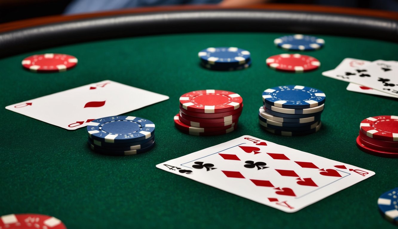 Sekelompok chip poker dan kartu remi tersebar di atas meja felt hijau