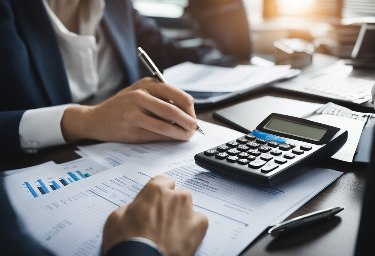 Una persona sentada en un escritorio, rodeada de facturas y documentos financieros. Está usando una calculadora y escribiendo notas en un bloc mientras crea un plan de pago de deudas.