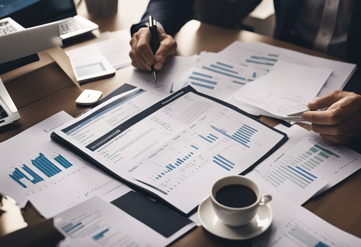 Una persona creando un plan de pago de deudas estratégico, rodeada de documentos financieros y gráficos, con una expresión decidida en su rostro.