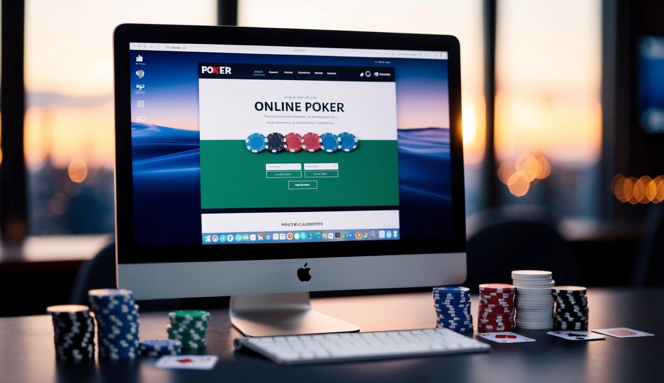 Sebuah meja dengan chip poker, kartu, dan layar komputer yang menampilkan situs web poker online