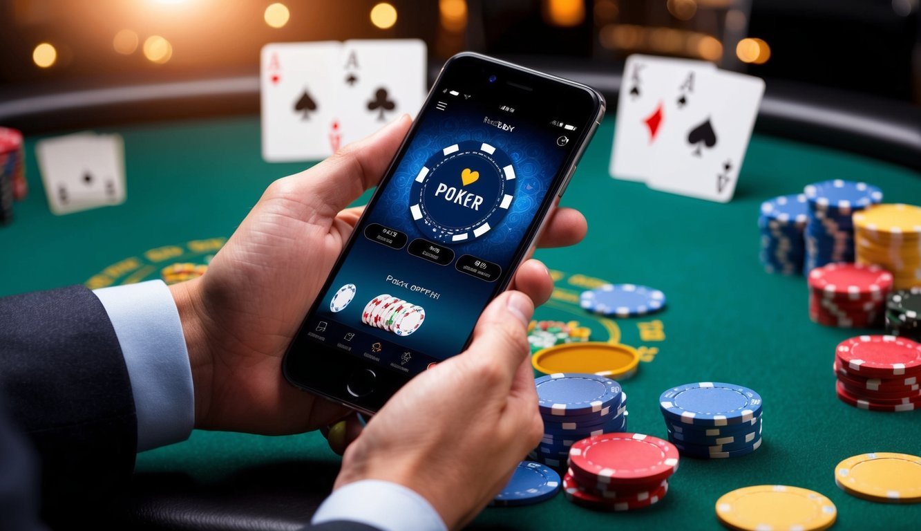 Sebuah tangan memegang smartphone dengan aplikasi poker terbuka, dikelilingi oleh chip berwarna-warni dan kartu di atas meja