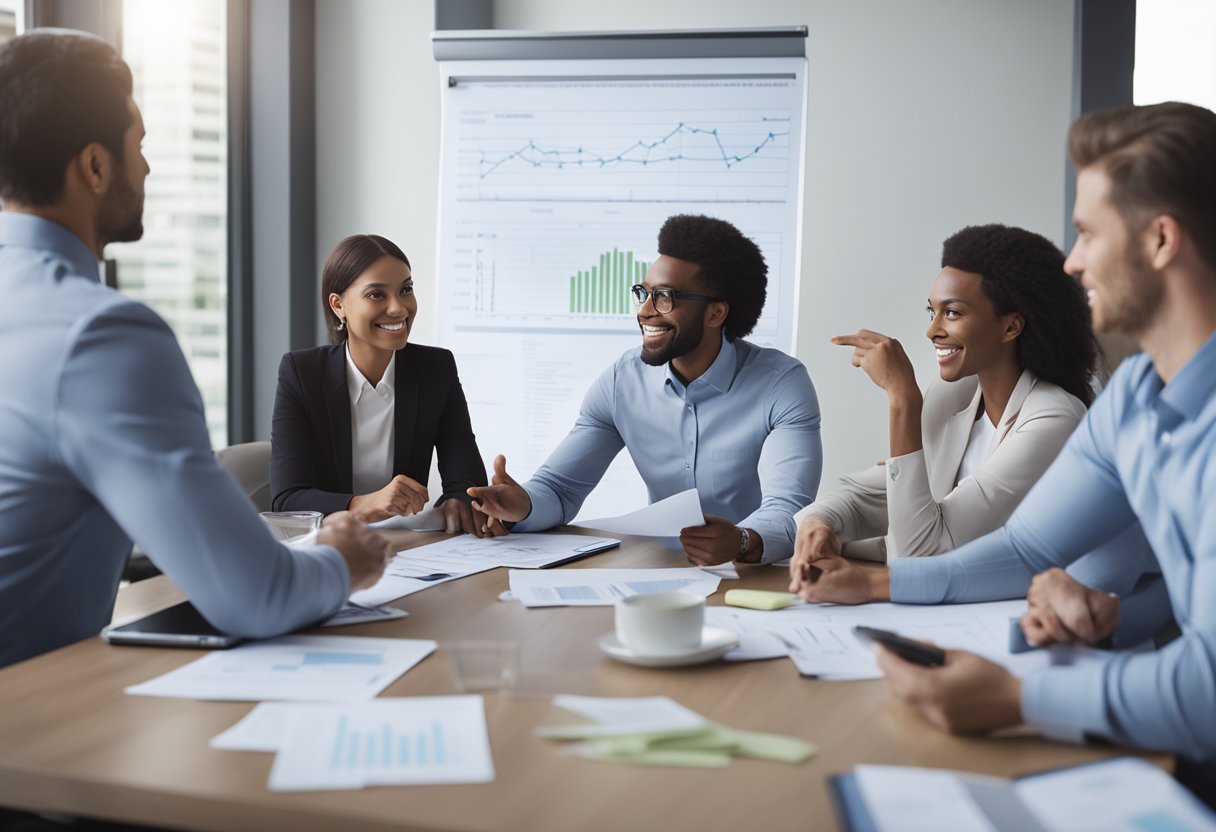Un grupo de profesionales se sienta alrededor de una mesa, discutiendo documentos financieros y gráficos. Una persona señala hacia una pizarra con un plan para la reducción de deudas.