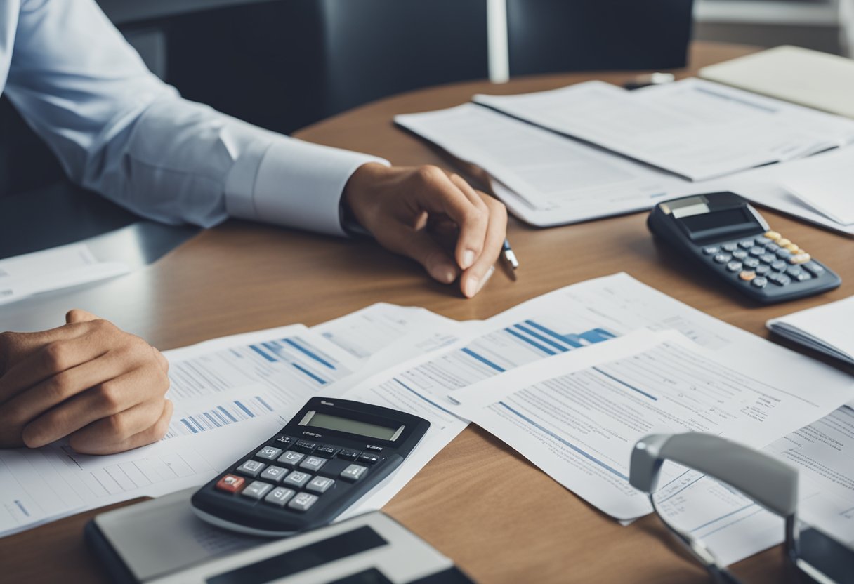 Una persona sentada en un escritorio, rodeada de documentos financieros y una calculadora, considerando varias opciones de préstamo y evaluando su capacidad para reembolsar.