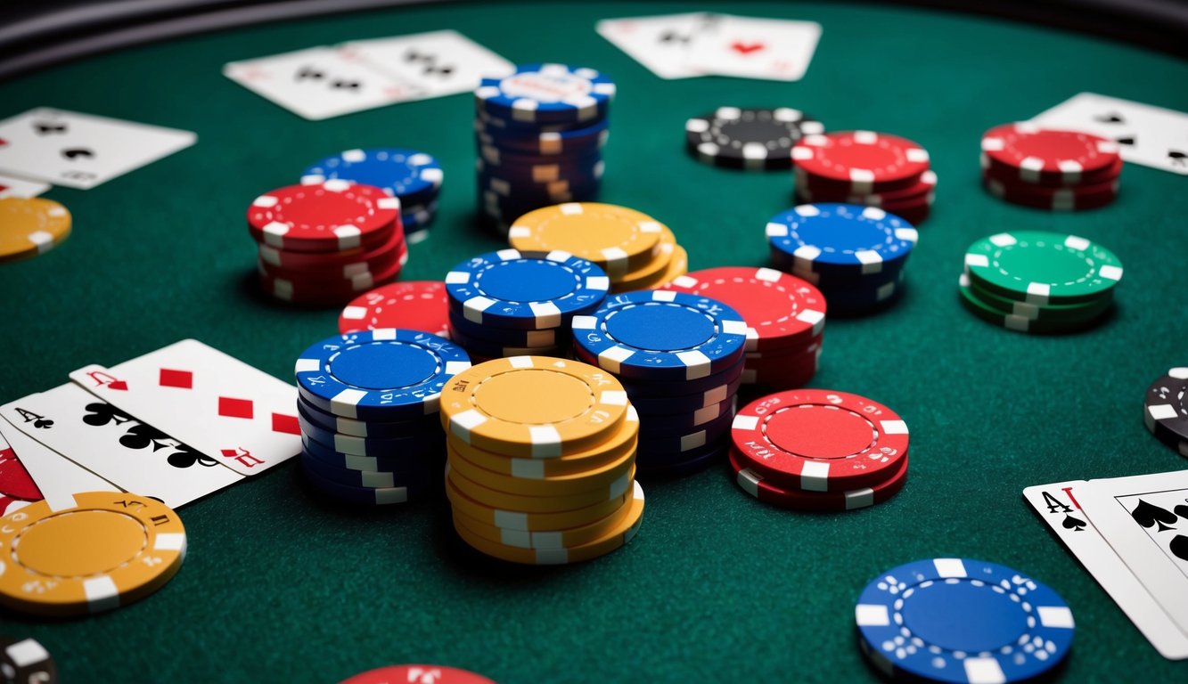 Sekelompok chip poker berwarna-warni tersebar di atas meja felt hijau, dengan kartu dan tombol dealer, mewakili situs perjudian online yang terpercaya