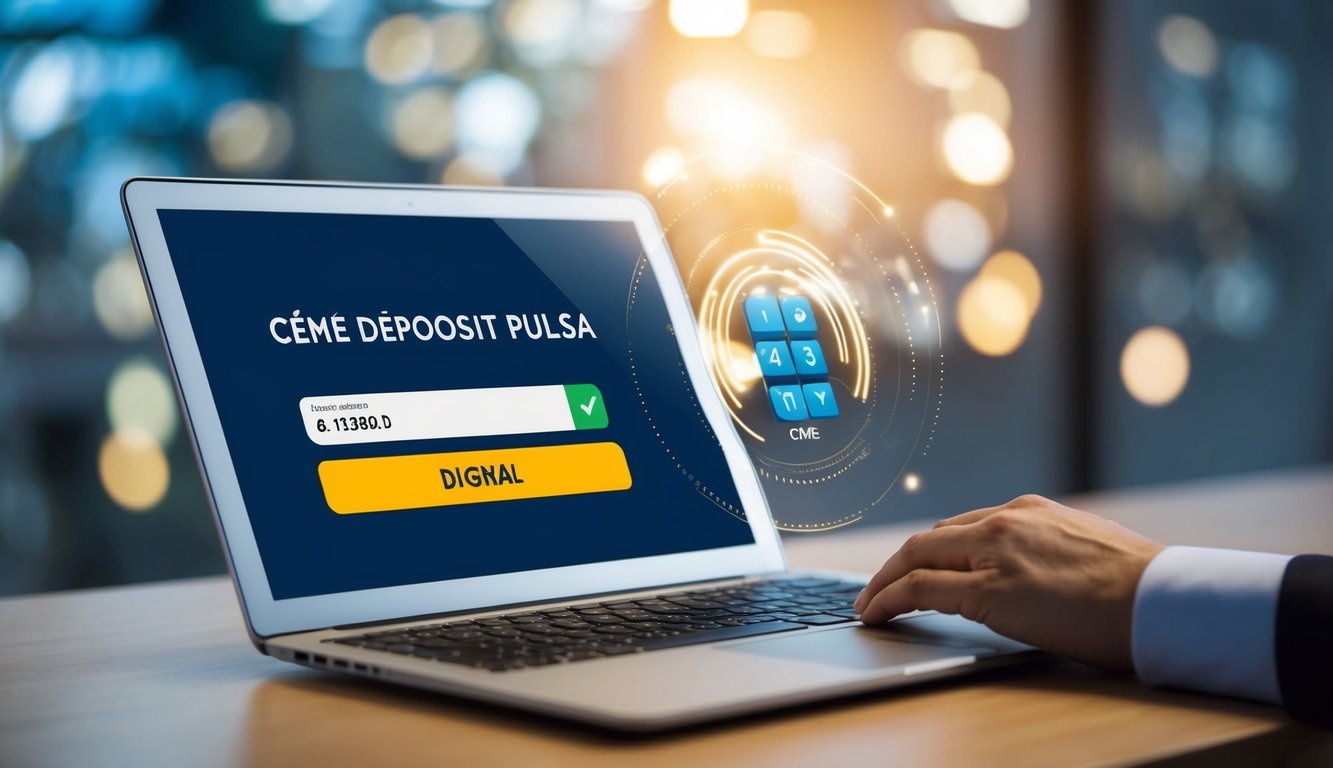 Sebuah perangkat digital yang menampilkan transaksi Deposit Pulsa Ceme Online dengan bar sinyal berdenyut dan papan tombol virtual untuk input