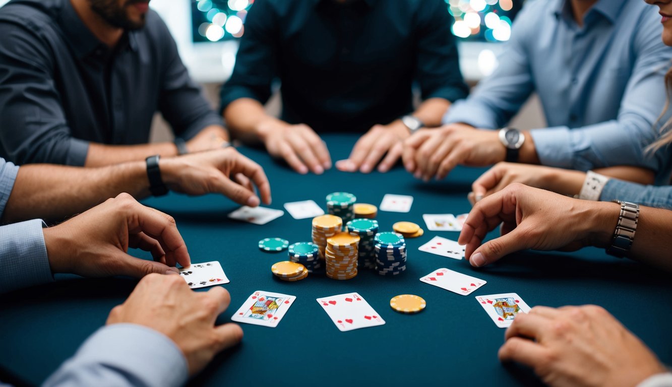 Sekelompok orang duduk di sekitar meja bermain kartu, dengan chip poker dan setumpuk kartu berserakan di meja.