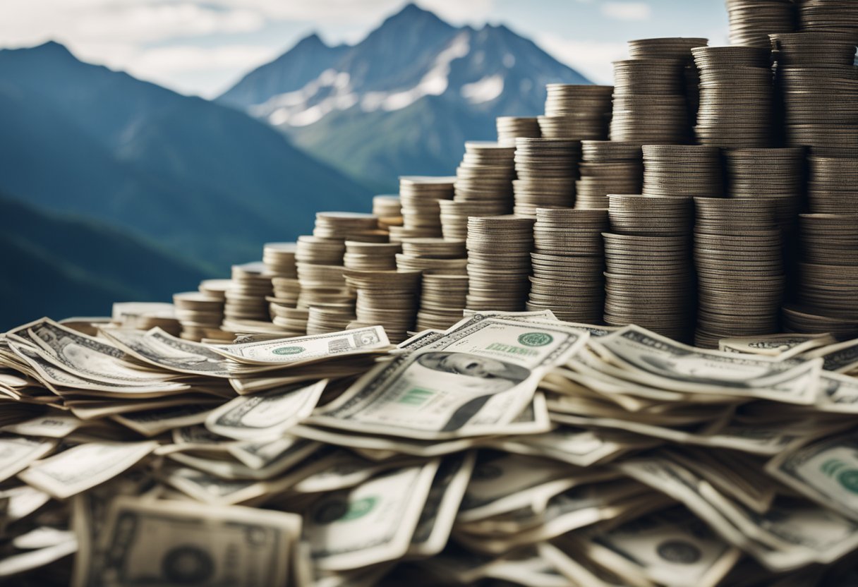 Una pila de billetes cayendo por una montaña de deudas, simbolizando el uso del método de avalancha para pagar deudas.