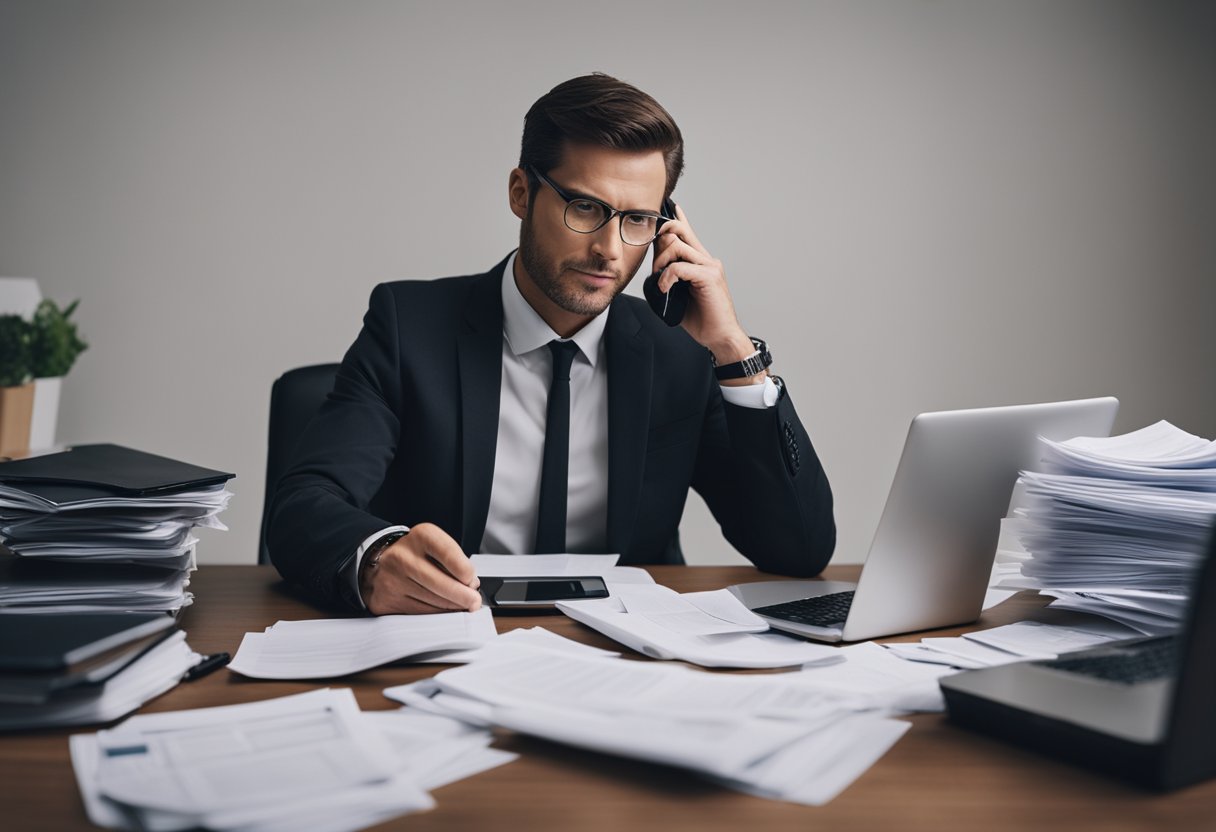 Una persona sentada en un escritorio, rodeada de papeles y facturas, mientras está al teléfono con una expresión de frustración.