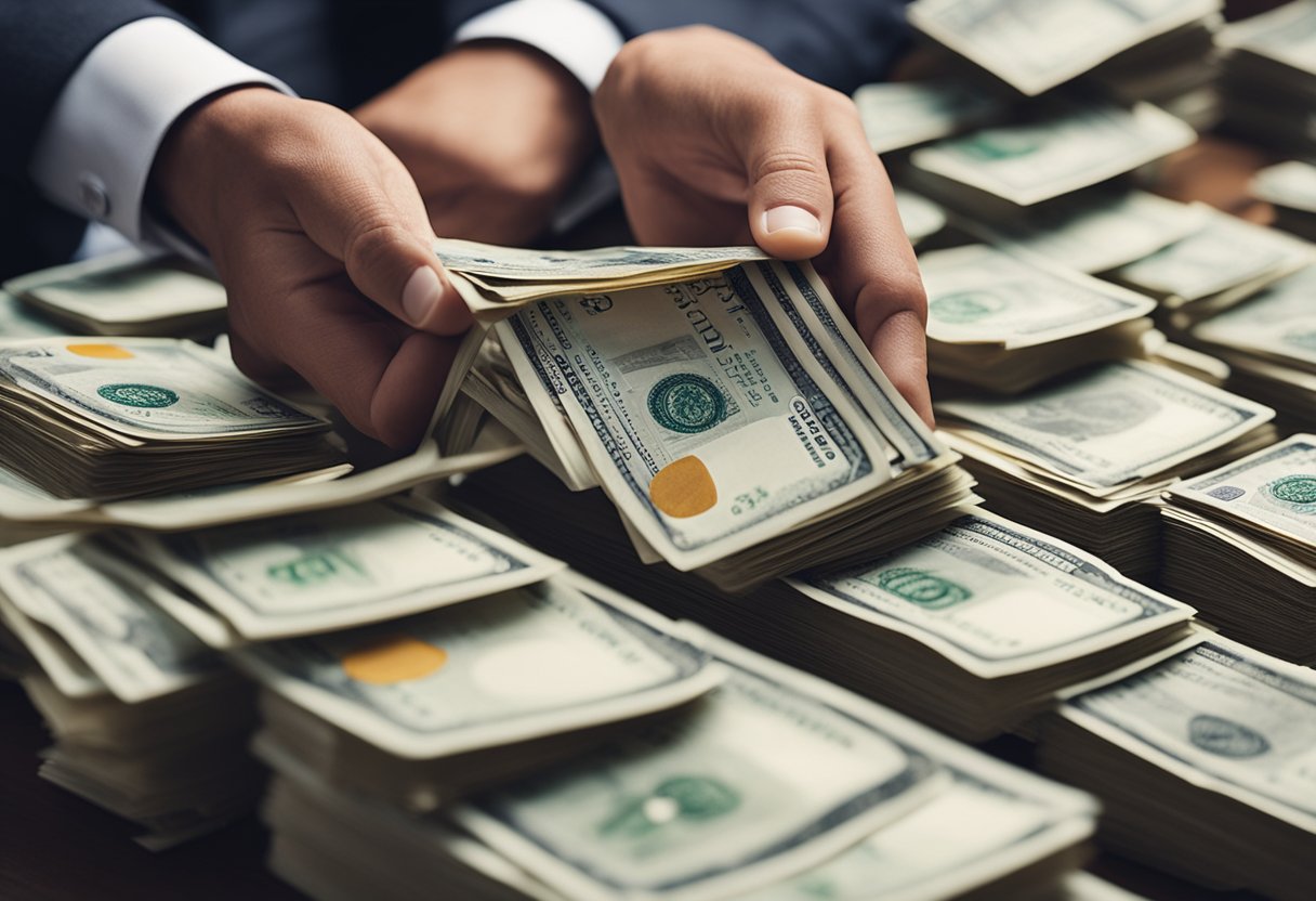 Una persona consolidando múltiples deudas en un solo pago, simbolizado por la fusión de varios documentos financieros en una única pila organizada.