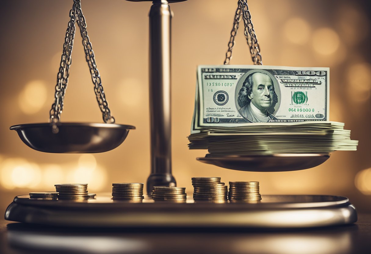 Una balanza equilibrando montones de dinero y deudas, con la deuda superando al dinero
