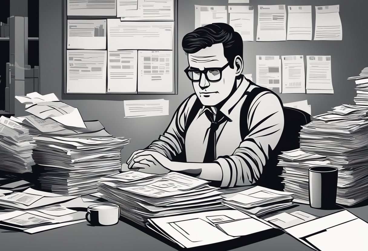 Una ilustración de un trabajador autónomo sentado en un escritorio, rodeado de papeles y documentos financieros, luciendo abrumado y estresado.