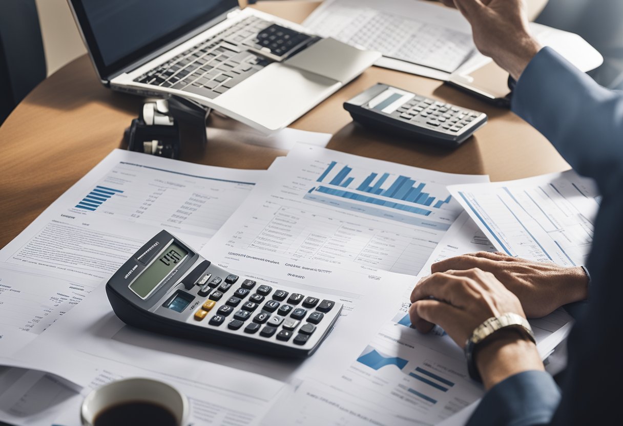 Una persona revisando documentos financieros en un escritorio con una calculadora, una laptop y reportes financieros esparcidos.
