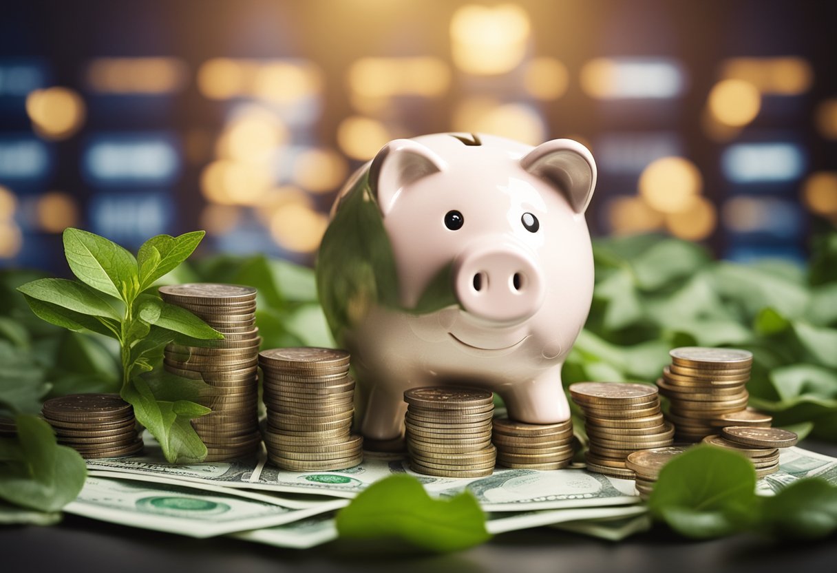 Una alcancía desbordante de monedas y billetes, rodeada de gráficos de inversión en crecimiento y una planta verde saludable