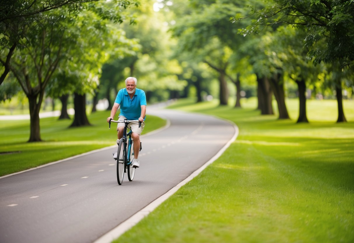 A serene park with a smooth, paved path winding through lush greenery. A senior cyclist enjoys a leisurely ride, surrounded by the beauty of nature