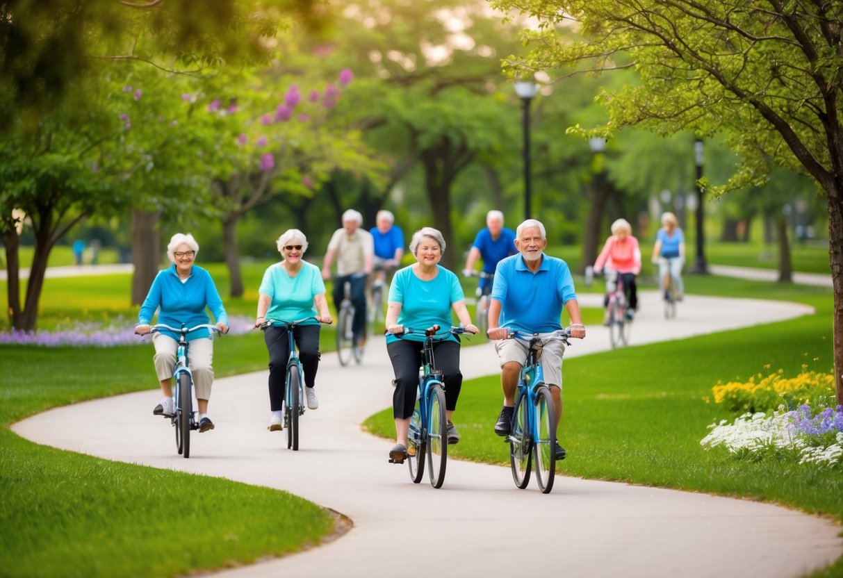 A serene park with winding bike paths, surrounded by lush greenery and blooming flowers, with seniors of various abilities enjoying the gentle exercise of cycling