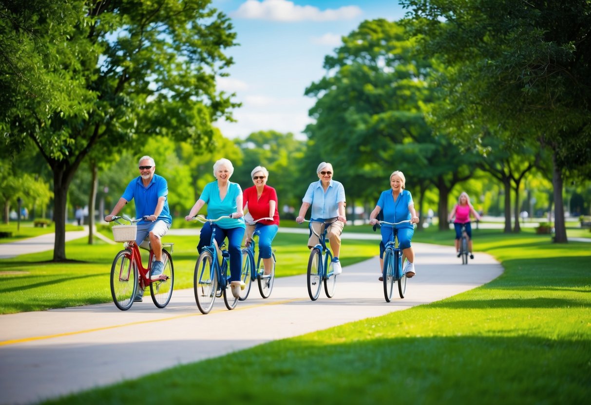 A serene park with winding bike paths, lush greenery, and a clear blue sky. A group of seniors enjoy a leisurely bike ride, smiling and chatting as they pedal along