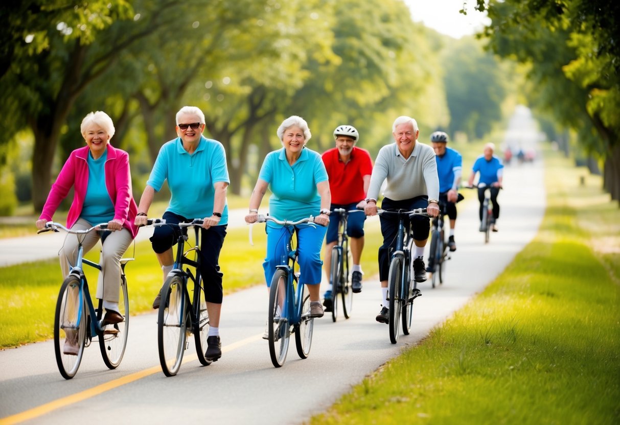 A group of seniors cycling along a scenic, tree-lined path, enjoying the fresh air and camaraderie