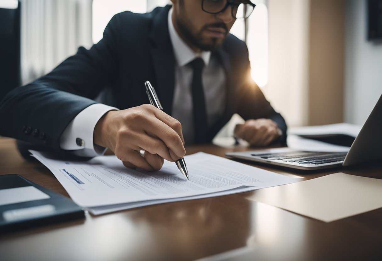 Una persona examinando cuidadosamente documentos oficiales y registros financieros para verificar la legitimidad de los prestamistas y evitar caer en préstamos fraudulentos.
