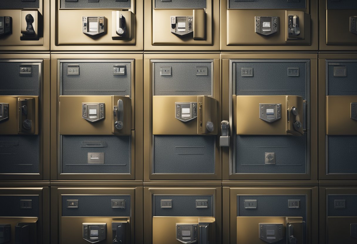 Una caja fuerte cerrada rodeada de escudos y cerraduras, con un escudo que protege documentos personales y financieros de manos fraudulentas.