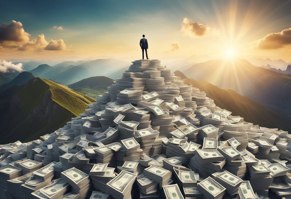 Una persona de pie en la cima de una montaña de cuentas, con un camino claro que conduce a un futuro brillante y libre de deudas