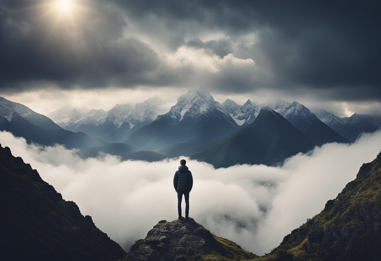 Una persona de pie en la cima de una montaña, con un camino claro que conduce a un futuro brillante y próspero, mientras deja atrás un pasado oscuro y tormentoso.