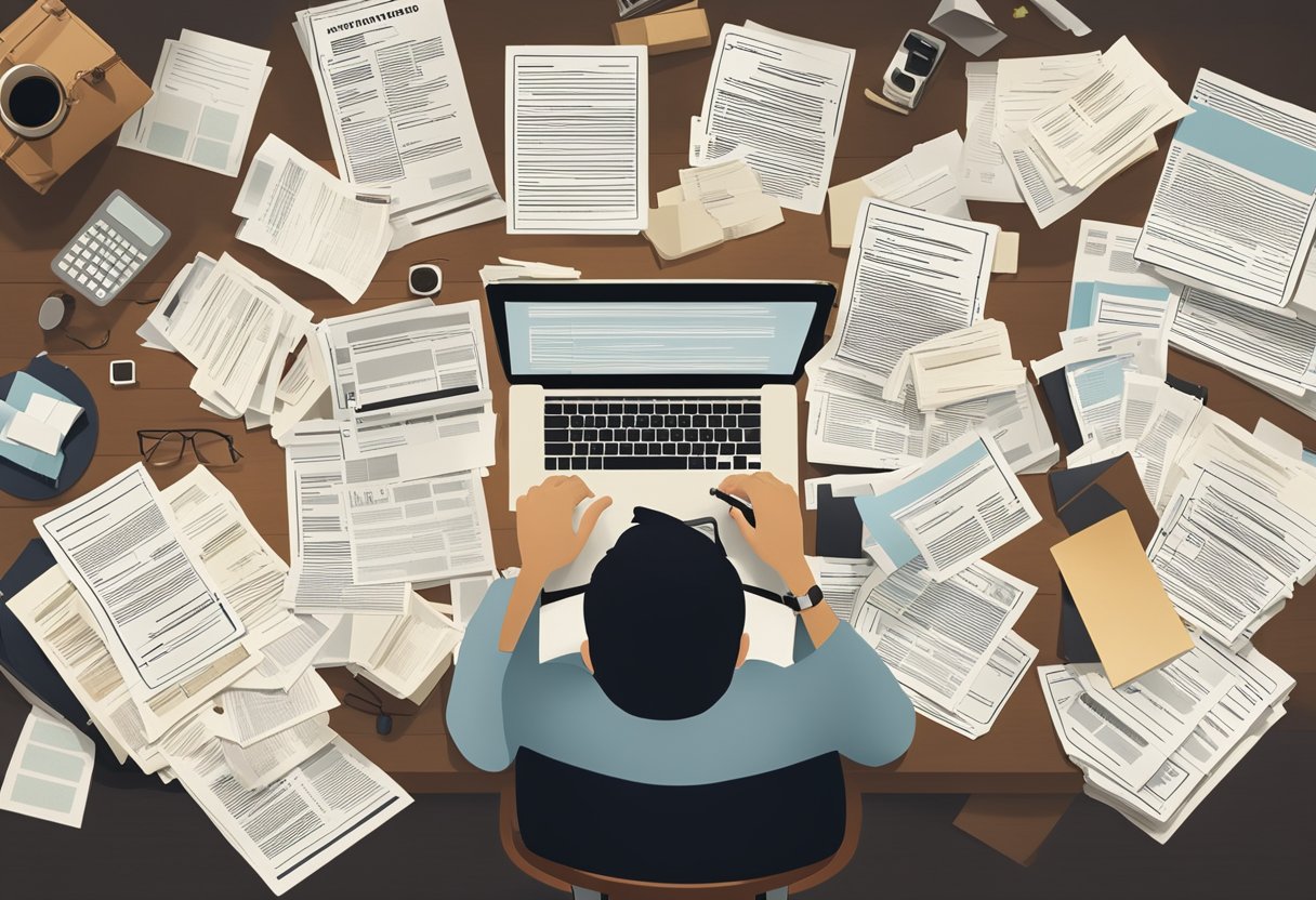 Una persona sentada en un escritorio rodeada de documentos legales y una computadora, luciendo estresada y abrumada mientras intenta averiguar qué hacer sobre una demanda por deudas.