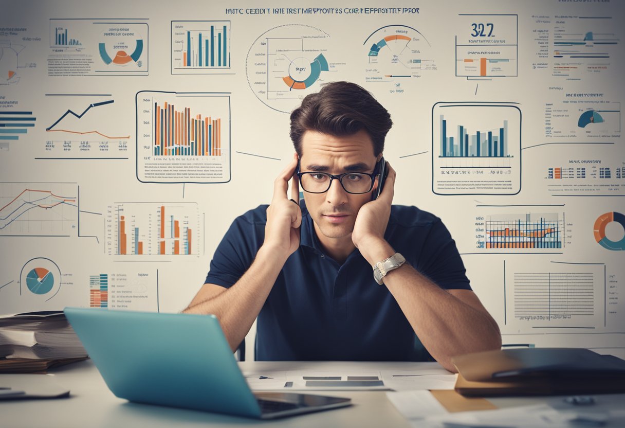 Una persona estudiando un informe de crédito con una expresión de desconcierto, rodeada de gráficos y diagramas que muestran estrategias para mejorar la puntuación de crédito.