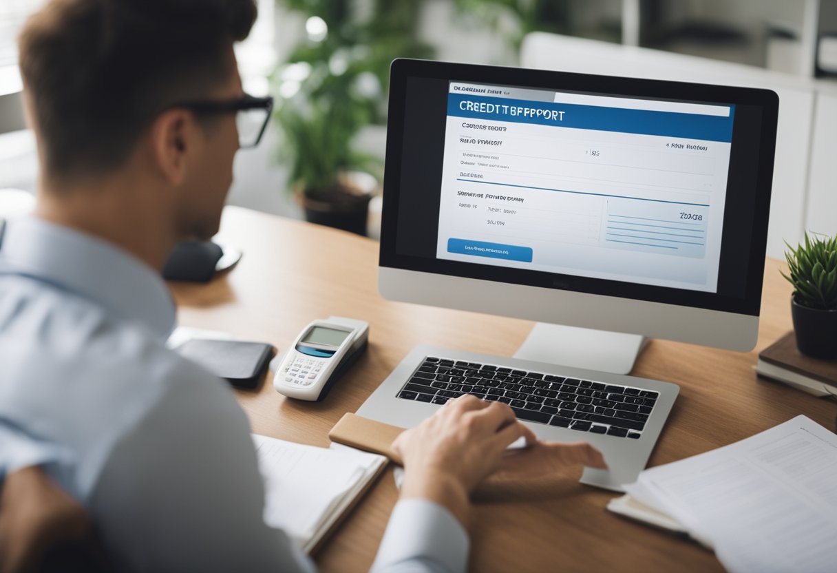 Una persona revisando su informe de crédito y haciendo cambios positivos en sus hábitos financieros, como pagar las facturas a tiempo y reducir la deuda.