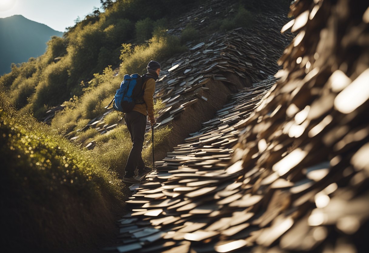 Una persona escalando una empinada montaña de facturas, con una expresión decidida, mientras una luz brillante ilumina un camino claro por delante.