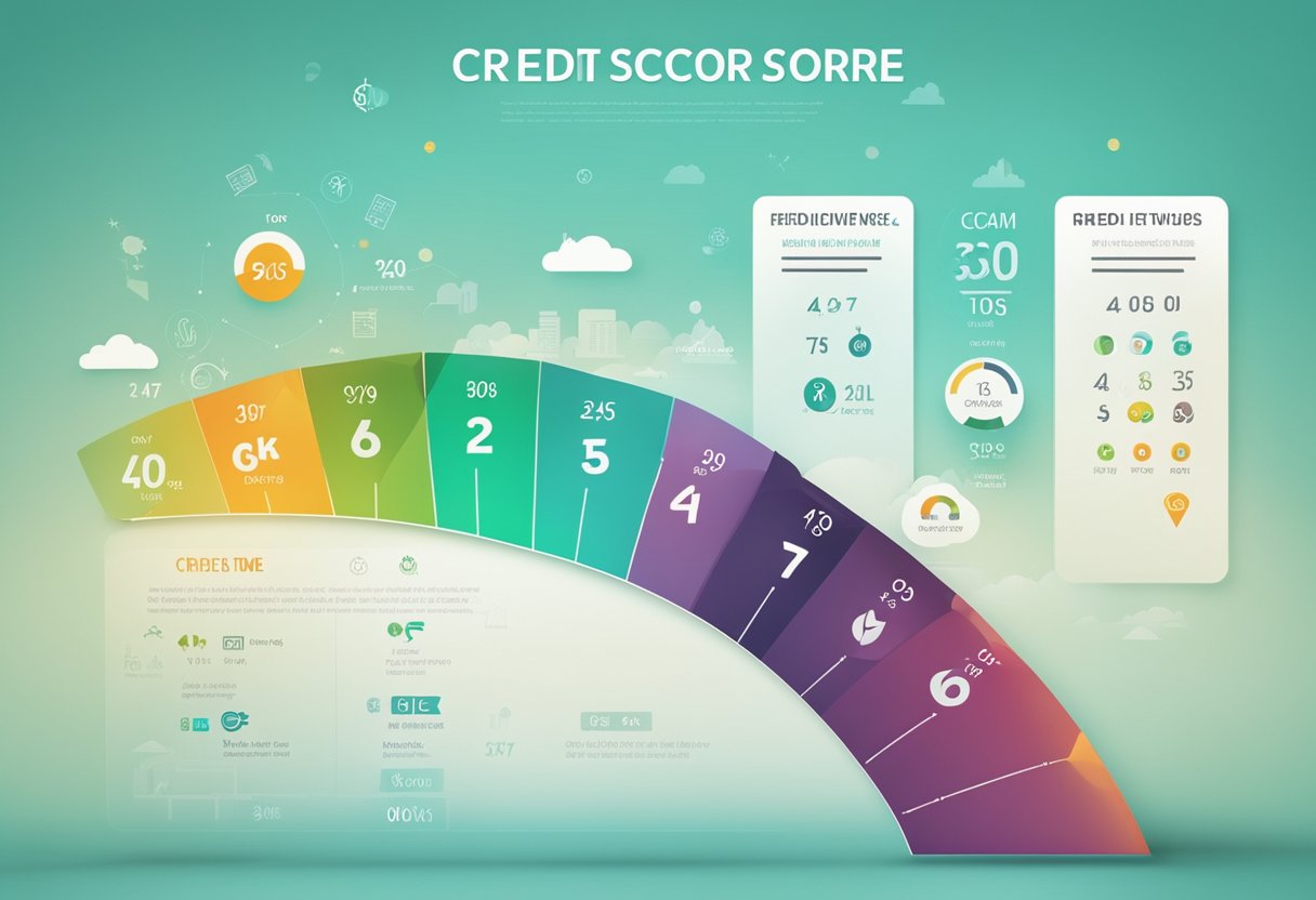 Un gráfico que muestra un puntaje de crédito aumentando con el tiempo, con una línea de tendencia positiva y varios símbolos financieros que lo rodean.