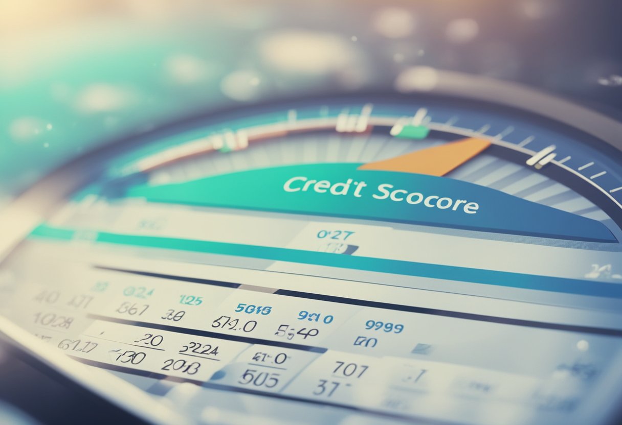 Un puntaje de crédito que aumenta con el tiempo, rodeado de varios factores influyentes como los pagos puntuales, la utilización de deuda y la longitud del historial crediticio.