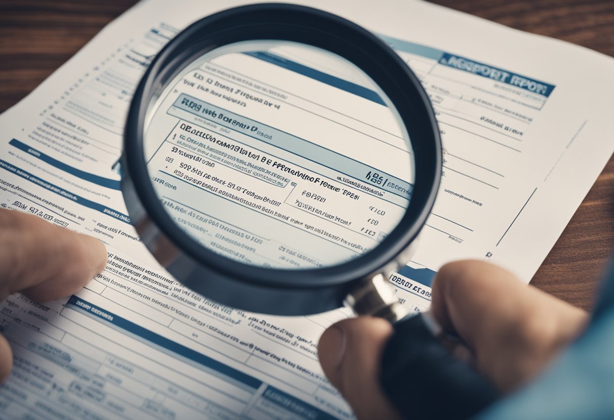 Una persona revisando un informe de crédito con una lupa, señalando errores y llenando formularios de disputa.