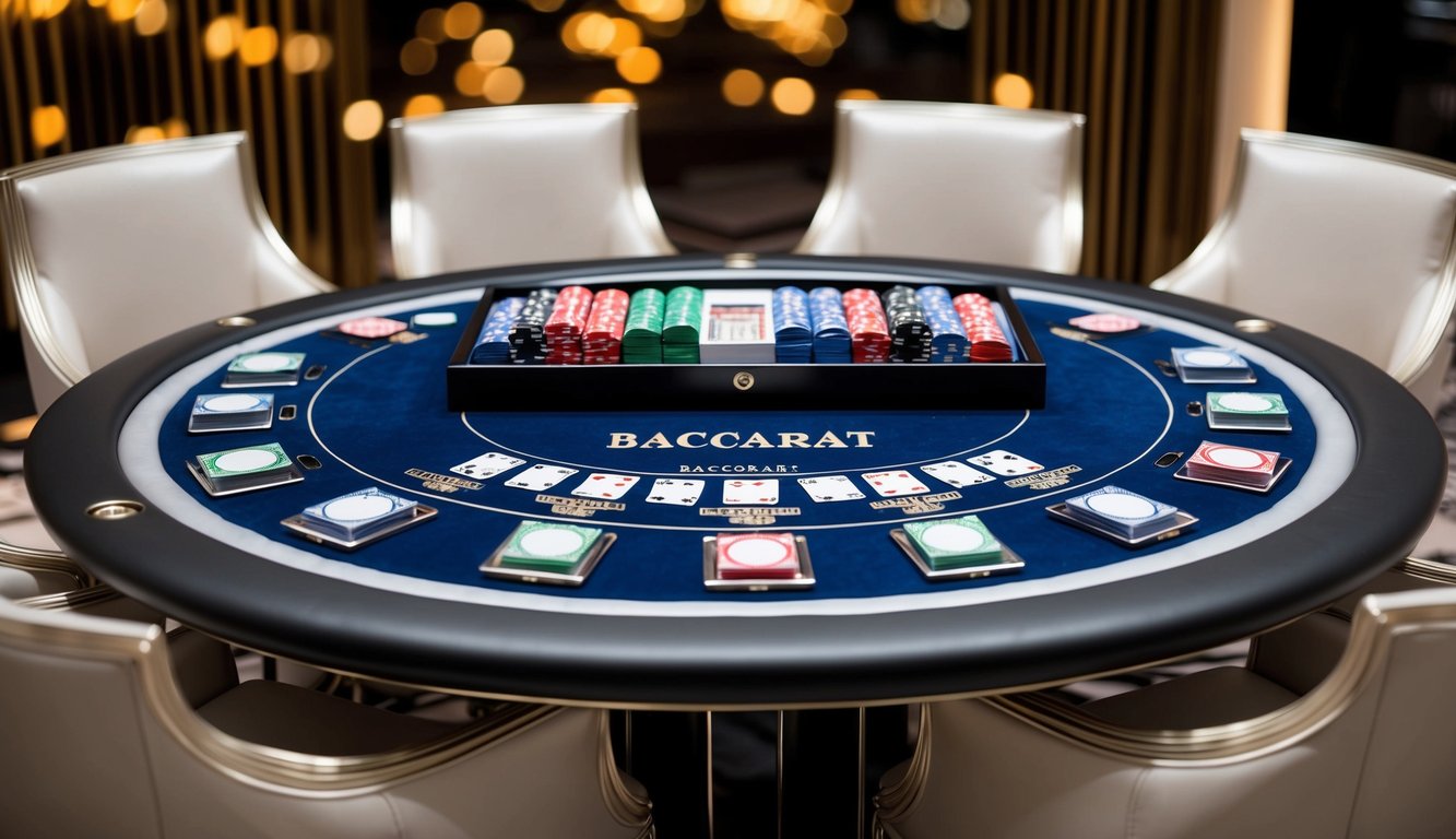 Sebuah meja baccarat yang ramping dan modern dikelilingi oleh kursi-kursi elegan, dengan berbagai chip dan kartu berwarna-warni yang tertata rapi