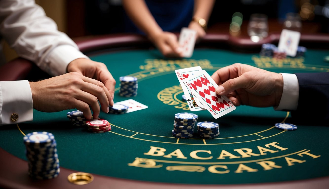 Sebuah meja baccarat dengan kartu yang dibagikan dan chip yang diletakkan