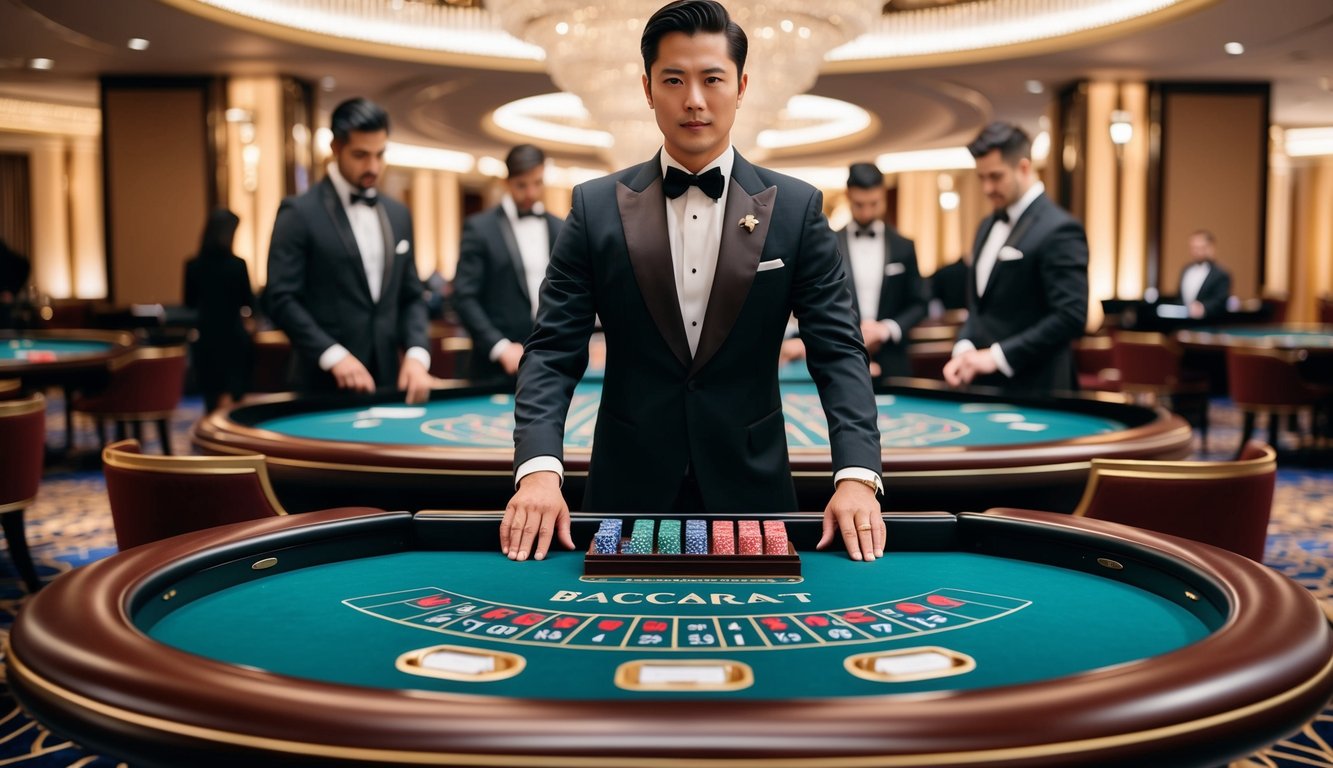 Sebuah meja baccarat mewah dengan dekorasi kasino yang elegan dan berkualitas tinggi serta dealer profesional